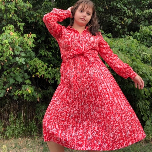 VTG 70s Silky Long Sleeve Blouse and Pleated Skirt Set in Red and White Bamboo - Picture 2 of 4